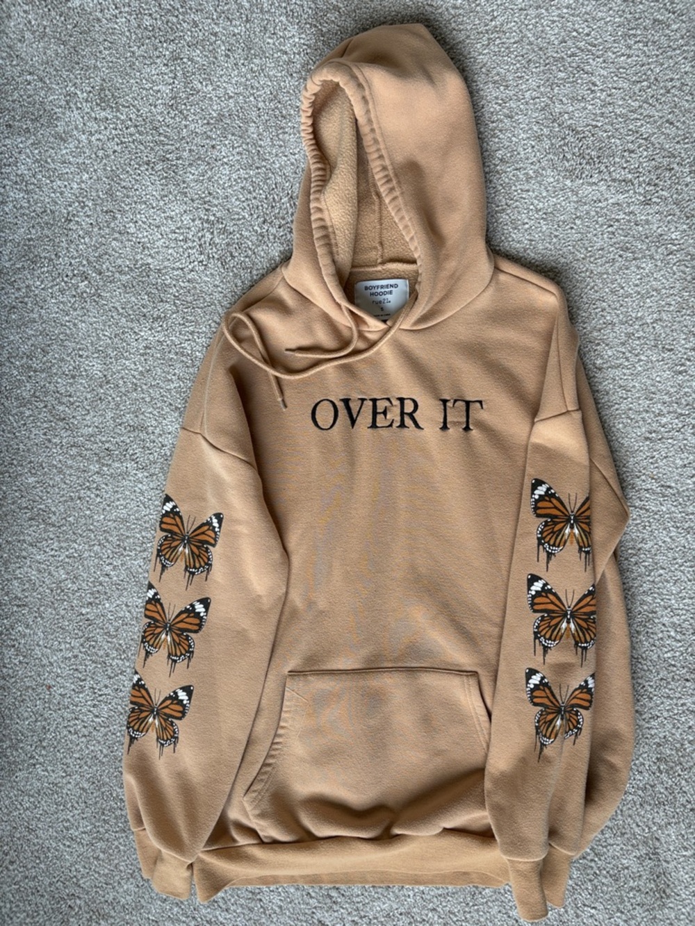 Rue21 Tan "OVER IT" Hoodie with Butterfly Sleeve Graphics